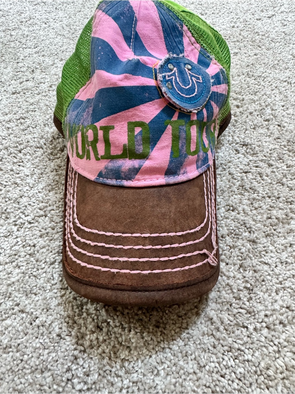 True Religion Pink Navy Green Brown Patchwork Trucker Hat